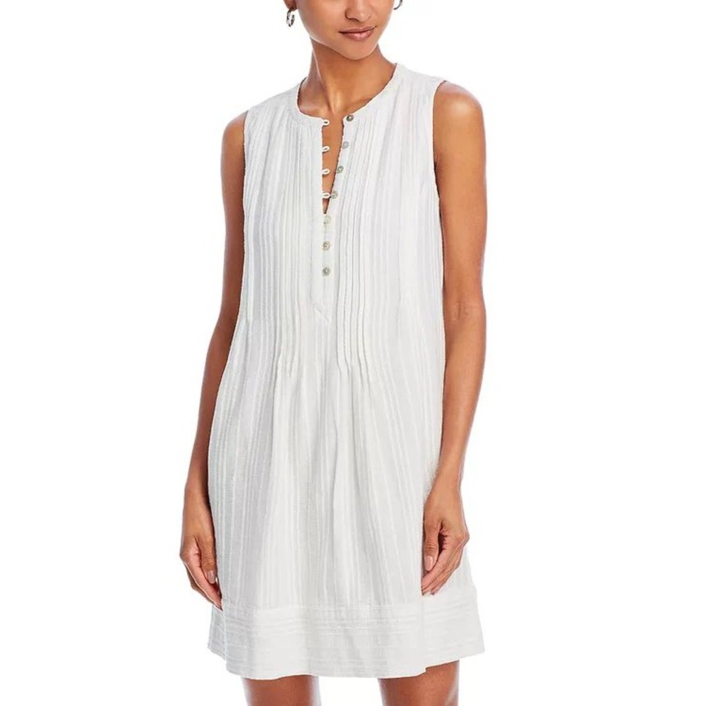 Faherty Isha Pintuck Shift Dress White Sleeveless Cotton Mini Size S